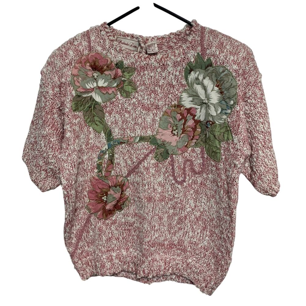 Penbrooke Lane Vintage Pink Floral Acrylic Knit Short Sleeve Sweater Size 8